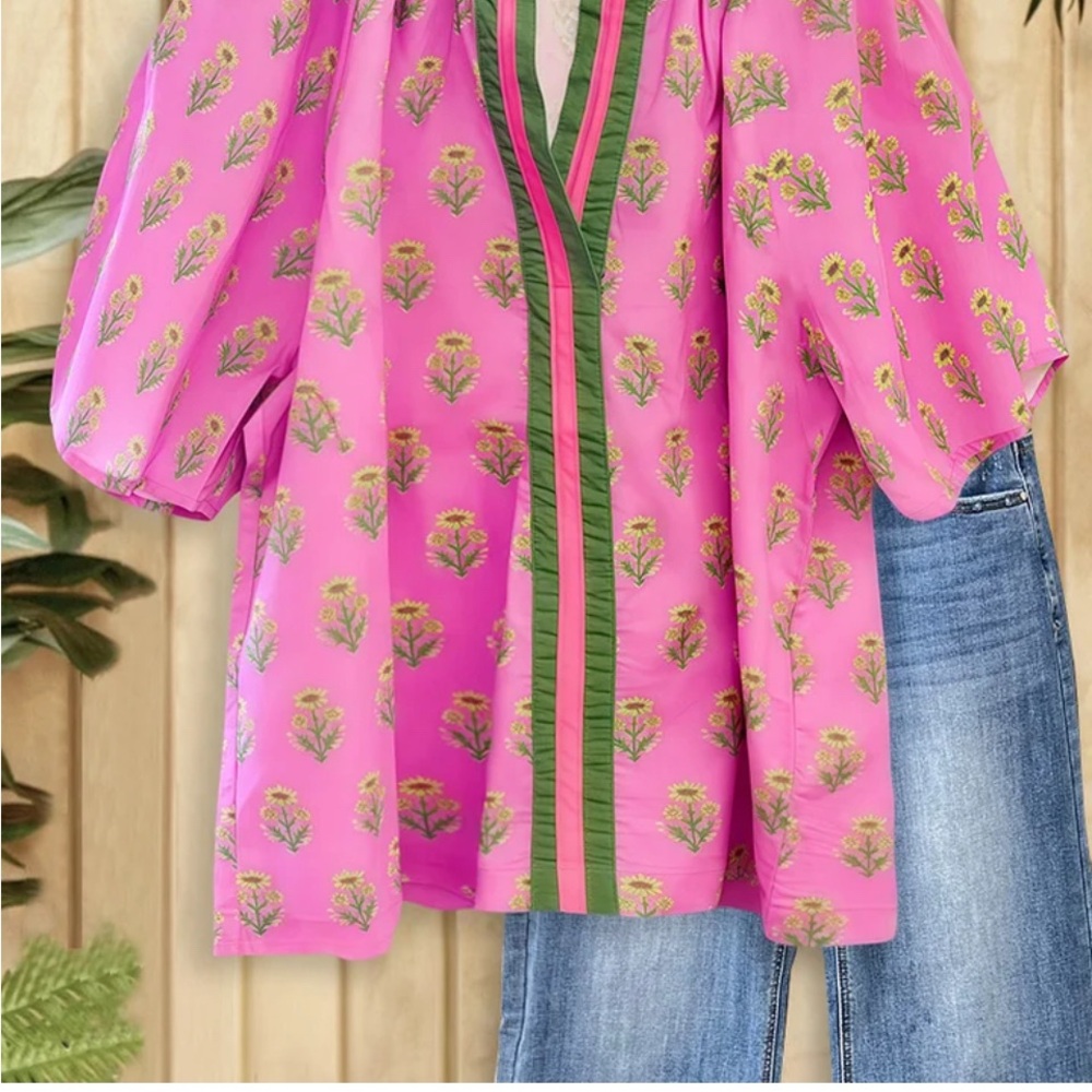 Mint Pink Blouse with Mandarin Collar and 3/4 Sleeves